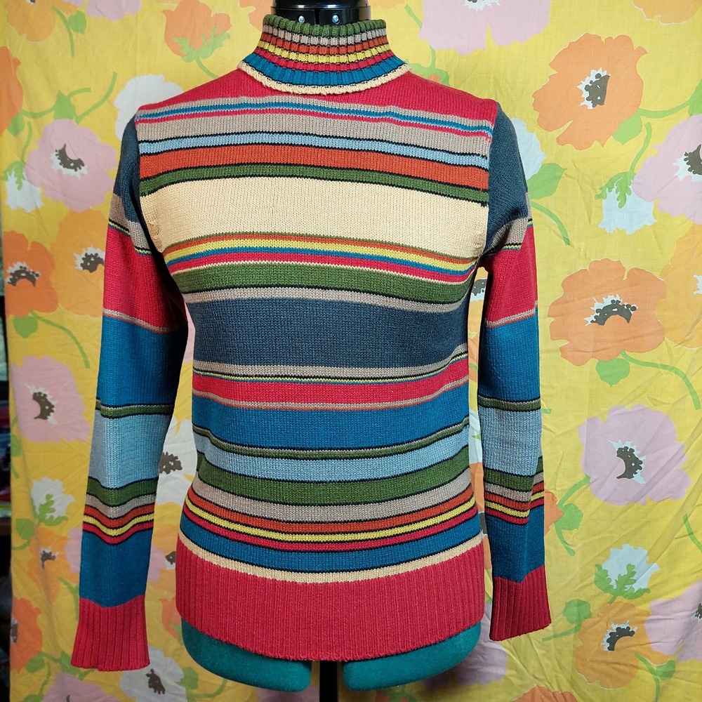 Vintage 1970s Sears Striped Mock Neck Sweater Red Blue Yellow Green Small